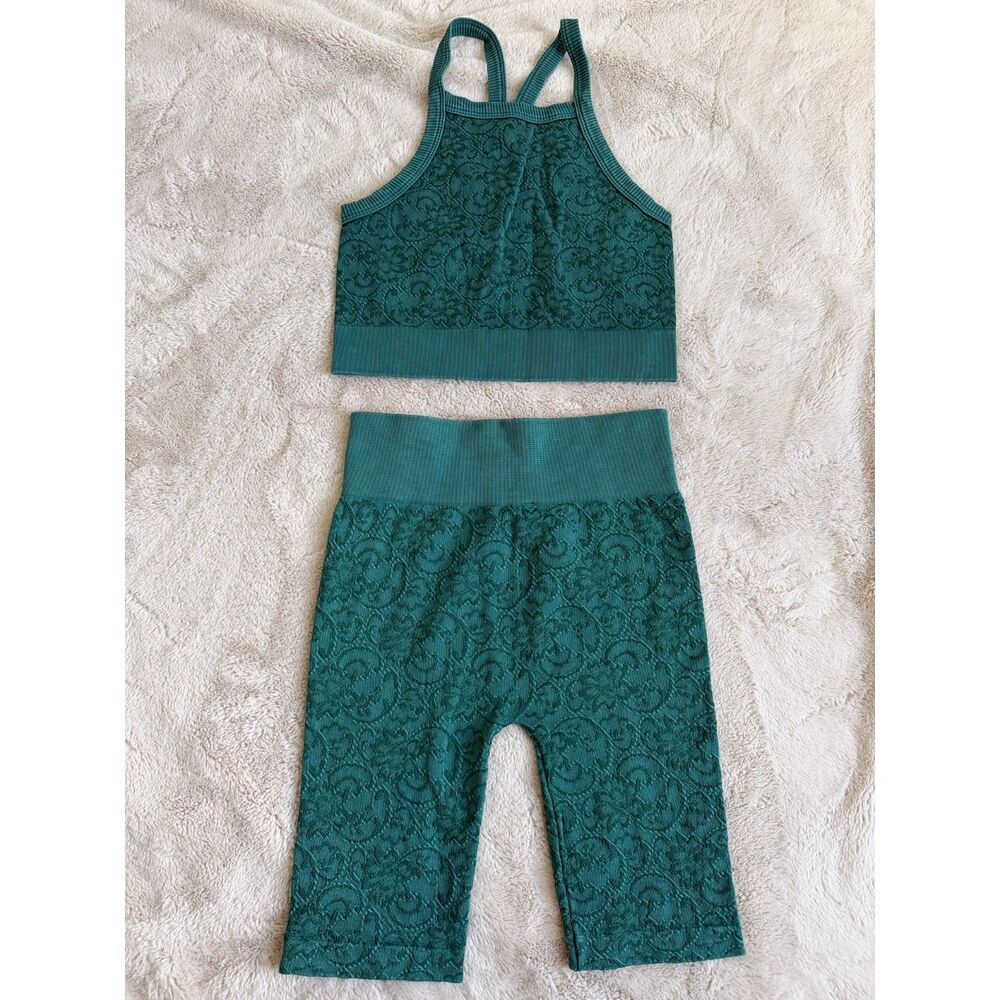 Teal Seamless Lace Texture Racerback Sports Bra Bike Shorts Set Size S